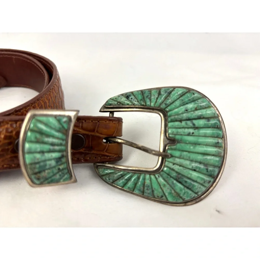 Vintage Alligator Belt Sterling Turquoise Inlay‎ Signed Buckle Set 28 Rare